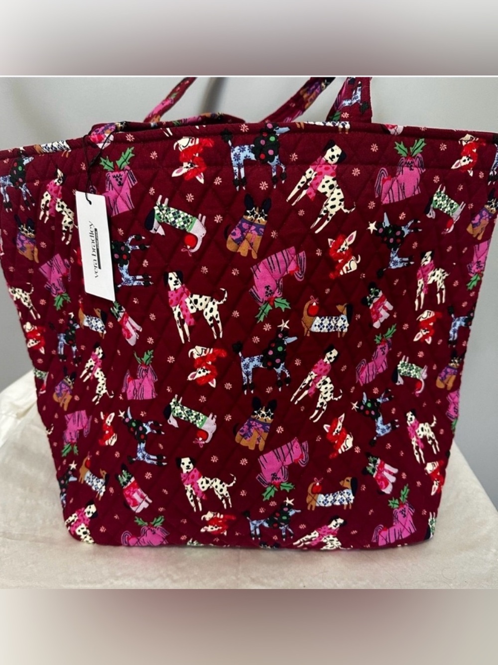 NWT Vera Bradley Holiday Hounds Pattern Grand Shoulder Tote Bag Deep Red